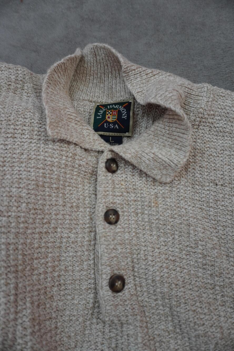 Vintage Lake Harmony Sweater Mens Large Beige Cotton Henley Collared Knit USA